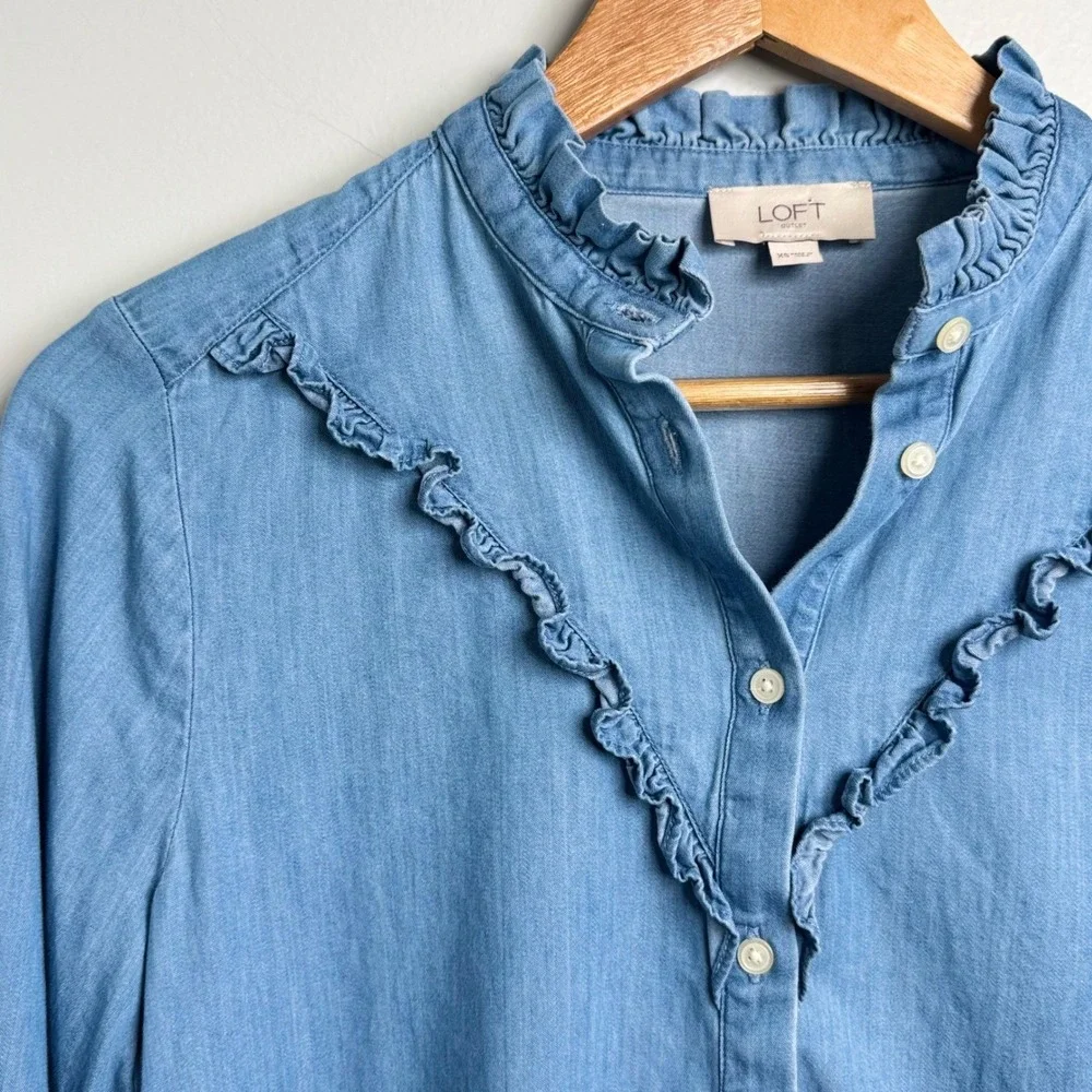 Loft‎ Ruffle Trim Denim Shirt Top Button Down Blouse XS Women's - Picture 2 of 6